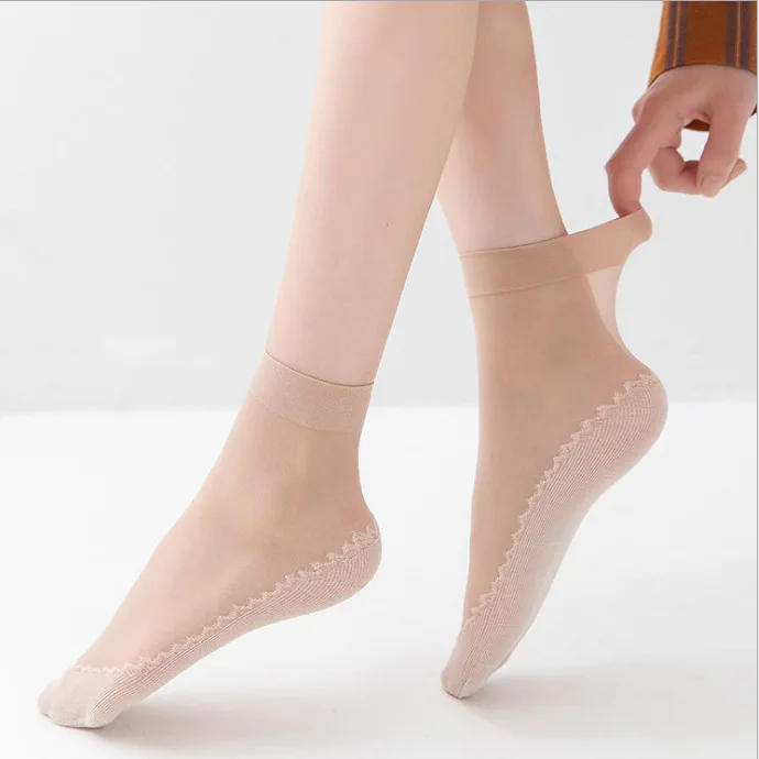 Description Picture 5 of item1/10pairs Silk Velvet Ankle Short Sox Elastic Lace Socks Women Transparent Ultrathin Female Mesh Non-Slip Bottom Splice Sock