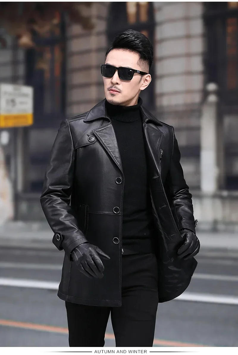 Description Picture 6 of itemMid-Length Sheepskin Coat for Men, Genuine Leather Trench, Cowhide Coat, Male Suit, Business, Spring and Autumn, 5XL