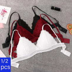 1/2PCS Women Bralette French Style Pitted Lace Bra Girls Triangle Cup Lingerie Deep V Wireless Underwear Soft Thin Seamless Bras
