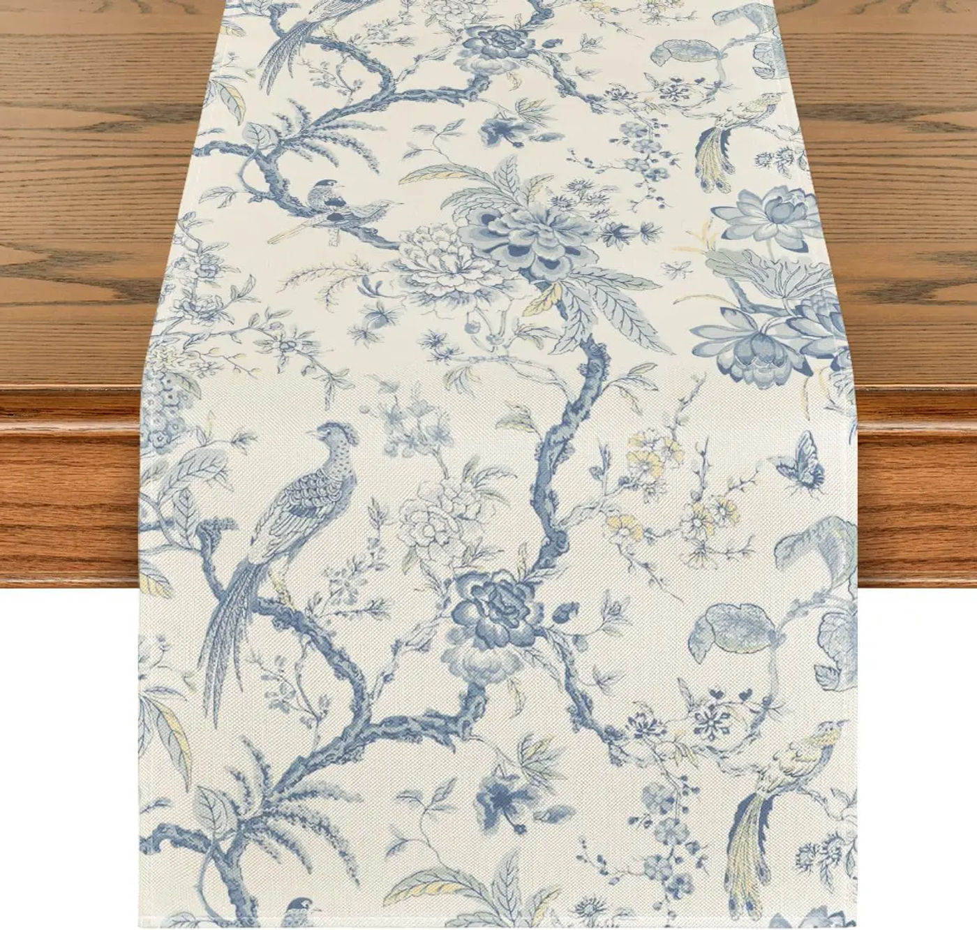 Description Picture 2 of itemChinoiserie Peacock Flower Linen Table Runner Dresser Scarf Decor Farmhouse Kitchen Dining Table Runner Holiday Party Decoration