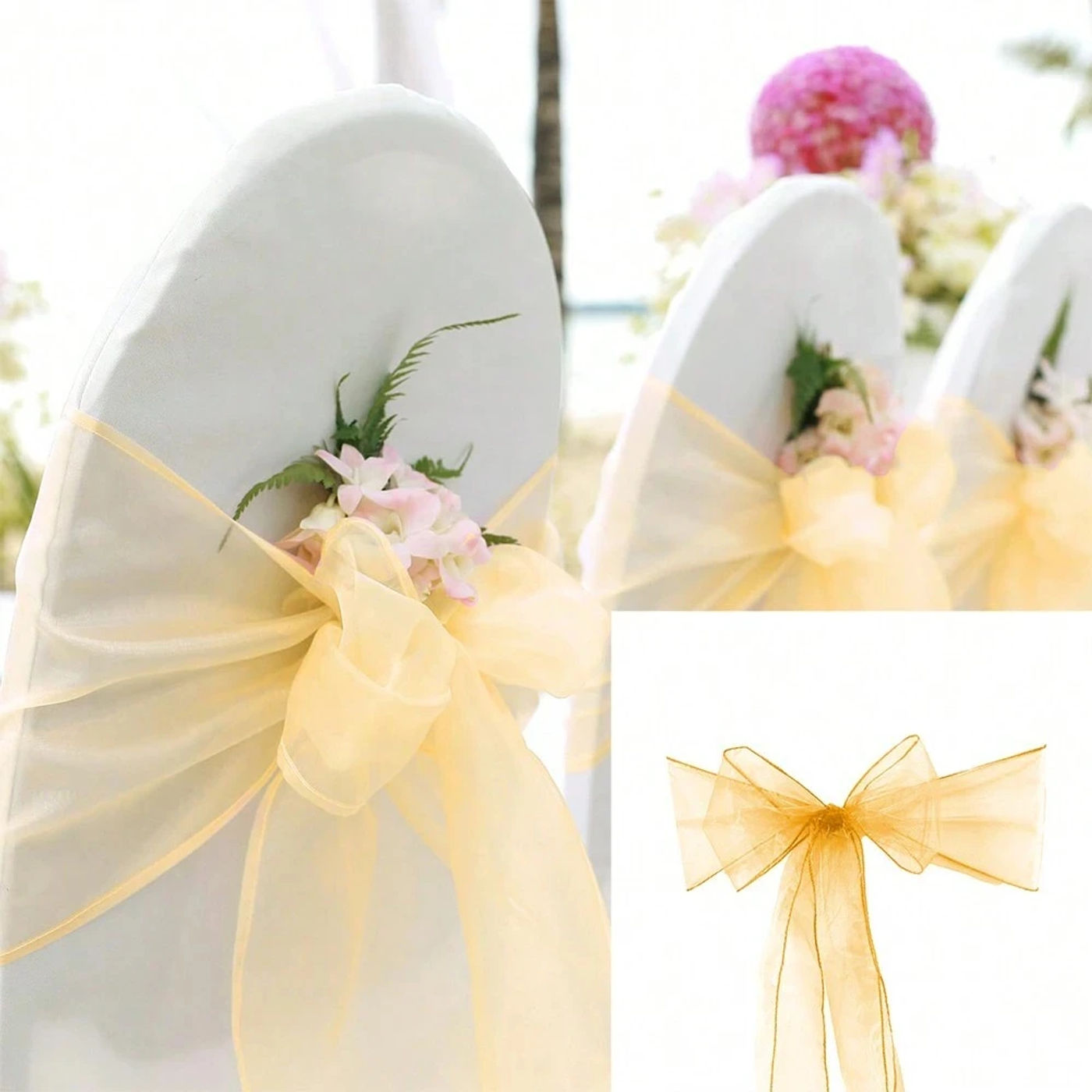 Description Picture 4 of item10pcs Organza Chair Sashes Knot Bands Chair Bows for For Wedding Party Banquet Event Country Wedding Chair Decoration