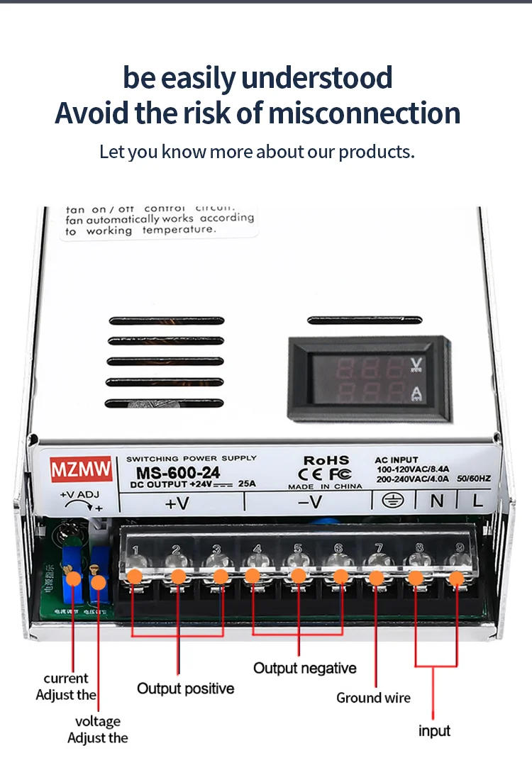 Description Picture 6 of itemMZMW 600W Switching Power Supply 12V 24V 36V 48v 60V 72V 80V 110V 220V Adjustable with Digital Display Transformer Industry SMPS