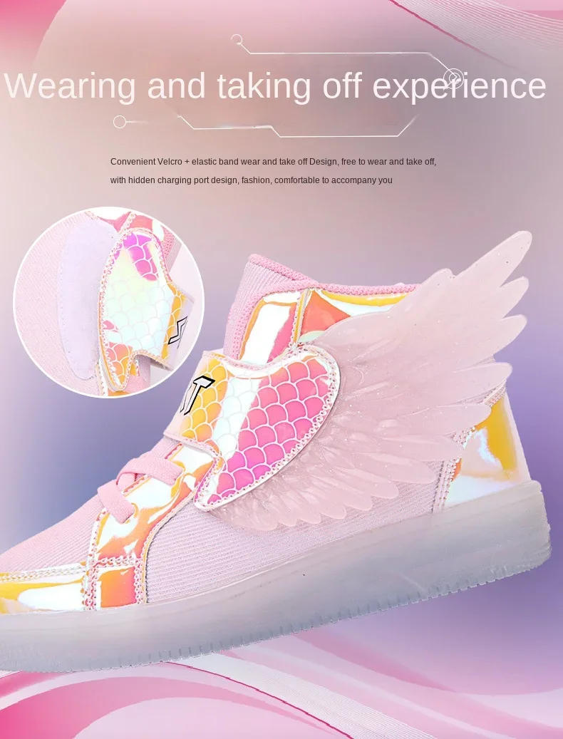 Description Picture 4 of itemWaterproof Leather Kids Luminous Shoes Sneakers Led Light Shoes with Wing USB Charging Casual Sports Shoes Girls Skateboard Shoe