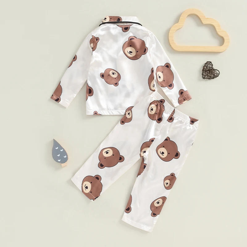 Description Picture 3 of itemKid Boy Girl Satin Pajama Set Bear Print Long Sleeve Button Down Tops Elastic Waist Pants 2 Piece Set for Fall