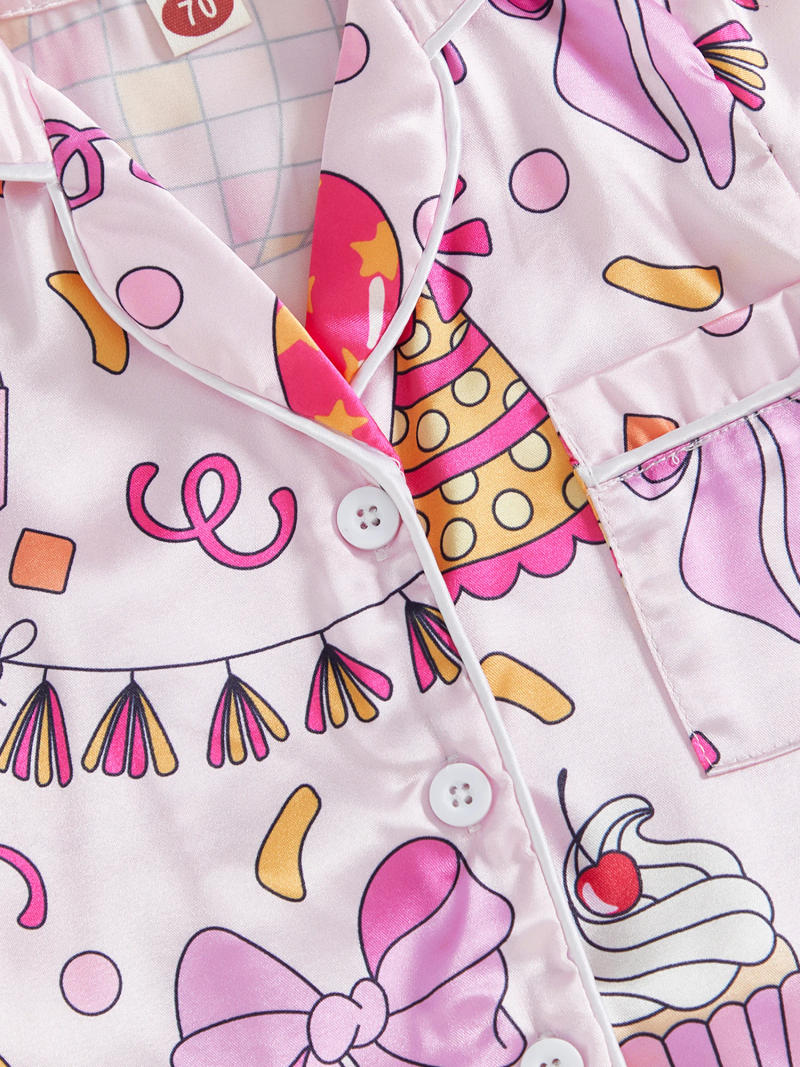 Description Picture 6 of itemBaby Girls Birthday Pajamas Short Sleeve Bow Cake Print Button Closure Jumpsuit Sleepwear Loungewear