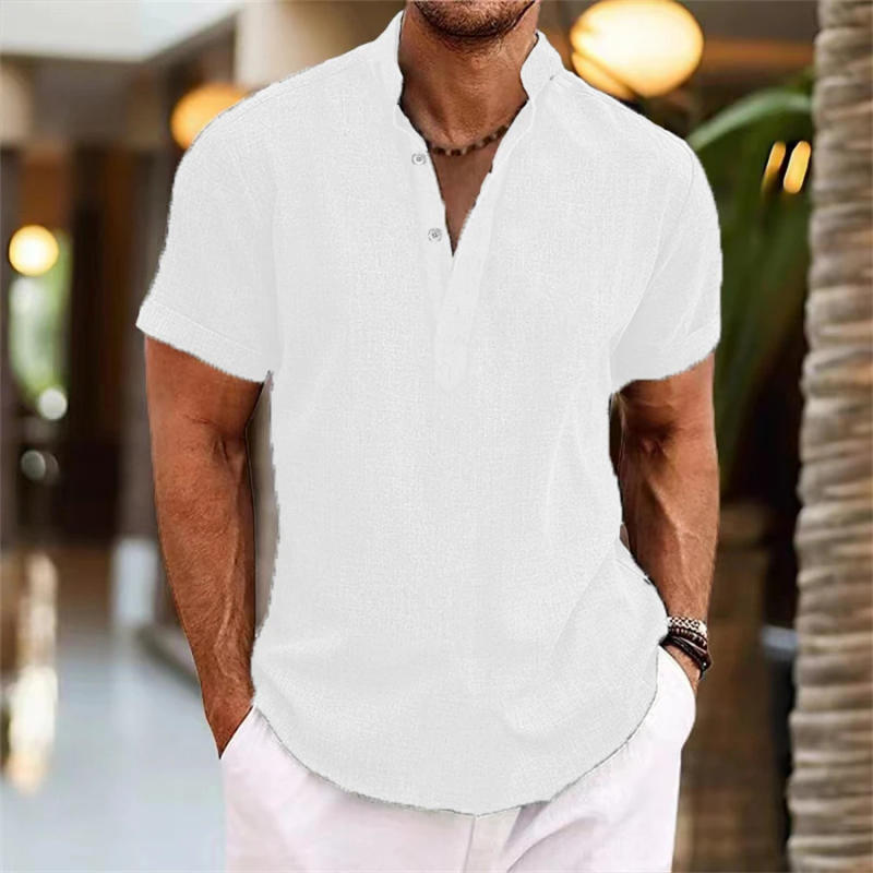 Description Picture 3 of itemCotton Linen Hot Sale Men's Long-Sleeved Shirts Spring Autumn Solid Color Stand-Up Collar Casual Beach Style