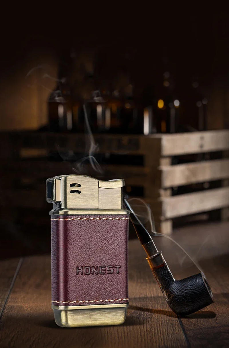 Description Picture 3 of itemHONEST Upscale Genuine Leather Metal Gas Cigar Lighter Oblique Out Open Flame Pipe Dedicated Cigarette Lighter Men's Gift