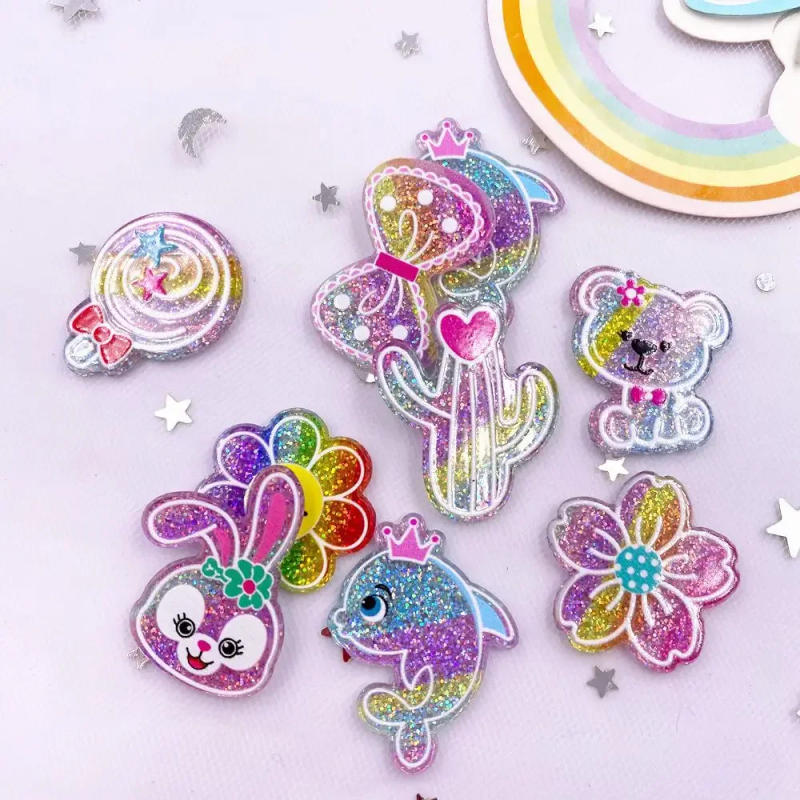 Description Picture 2 of item10PCS Colorful Glitter Rainbow Bear Rabbit Flower Dolphin Cactus Flatback Acrylic Sheet Miniature Pattern Applique DIY J332 A
