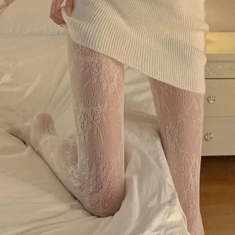 Description Picture 5 of item2024 Sexy Lace Flower Bottomed Stockings Gothic Black White Mesh Hollowed Pantyhose Female Floral Rattan Fishnet Tights Hosiery