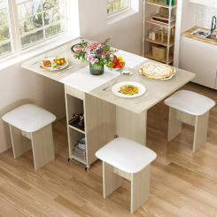 Folding Dining Table Set for 4, Dinner Table with 4 Chairs and Shelves, Space Saving Foldable Dining Table with 6 Wheels