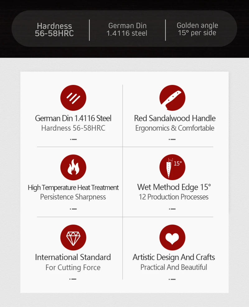 Description Picture 4 of itemXINZUO High Carbon Germany 1.4116 Stainless Steel 5PCS Kitchen Knife Set High Quality Red Sandalwood Handle Cooking Slicing Tool