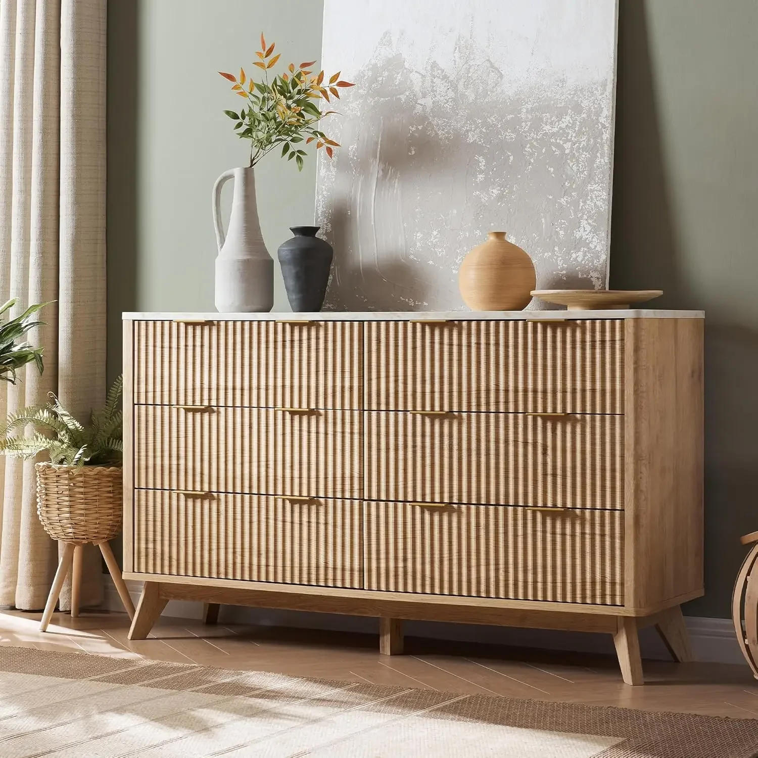 Description Picture 2 of itemFluted 6 Drawers Dresser 54" Wide Modern Chest Of Drawers With Faux Marble Top Curved Profile Design Dresser Natural Oak