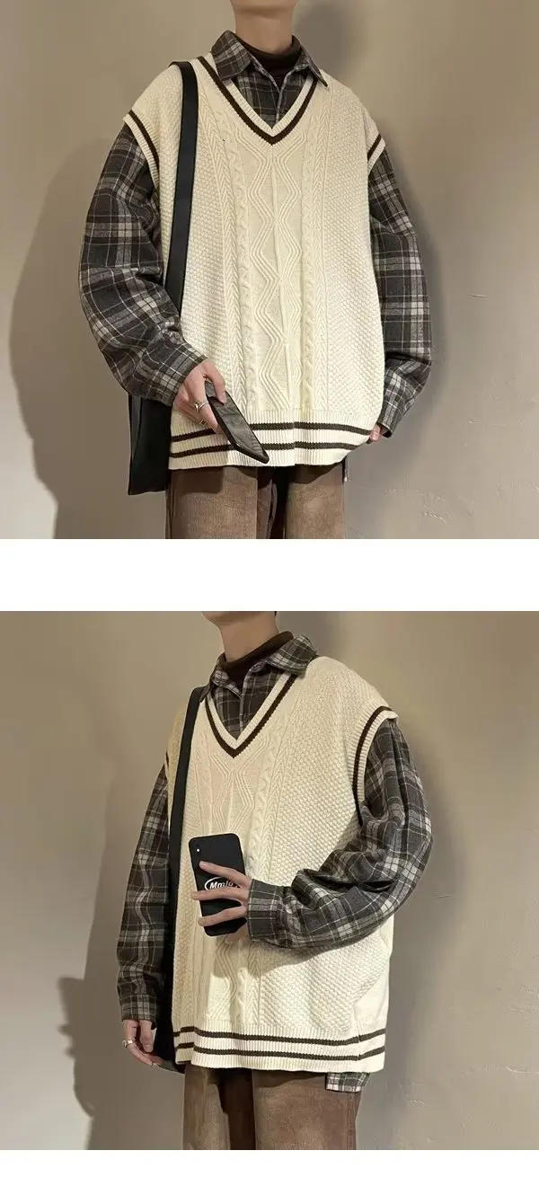 Description Picture 5 of itemMen Sweater Vests Thickening Autumn Winter V-neck Sleeveless Knitted Tops Warm Ins Loose Striped Casual Male Baggy Korean Style