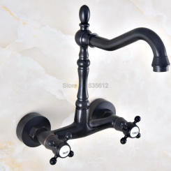 Black Oil Rubbed Bronze Dual Cross Handles  Wall Mount Bathroom Washbasin Basin Faucet Hot and Cold Water Mixer Tap tnf452