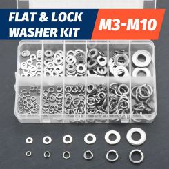 260pcs Lock and Flat Washer Assortment Kit Stainless Steel M3 M4 M5 M6 M8 M10 Spring Lock Washers and Flat Washers Set