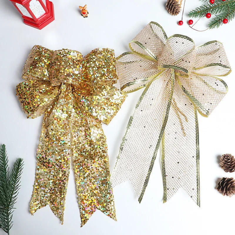 Description Picture 4 of itemChristmas Bow Ribbon Mesh Finished Bow Christmas Gold Sequins Decorative Ribbon Christmas Tree Decoration Bow Knot Gift Decor