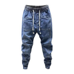 Men Solid Color Jeans Men's Elastic Drawstring Waist Denim Cargo Pants with Pockets Casual Spring Autumn Harem Trousers for Men