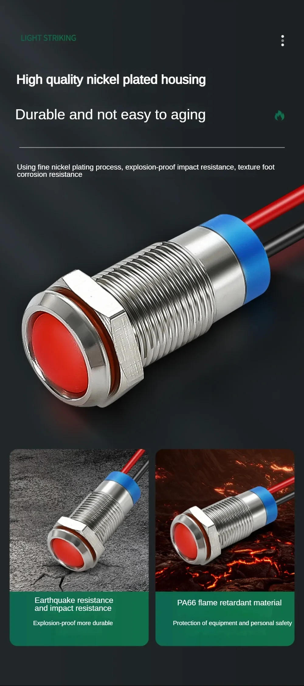 Description Picture 5 of item6/8/10/12/14mm Waterproof Metal LED Warning Indicator Light IP65 Signal Lamp Pilot Wire Switch 3V 6V 12V 24V 220V Red Green Blue