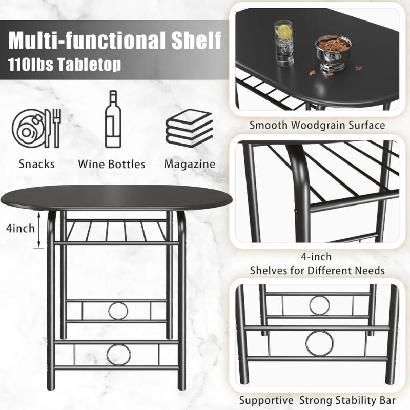 Description Picture 4 of item3Piece Wooden Round Table and Chair Set Kitchen Breakfast Corner with Metal Frame and Built-in Wine Rack for Kitchen Dining Room
