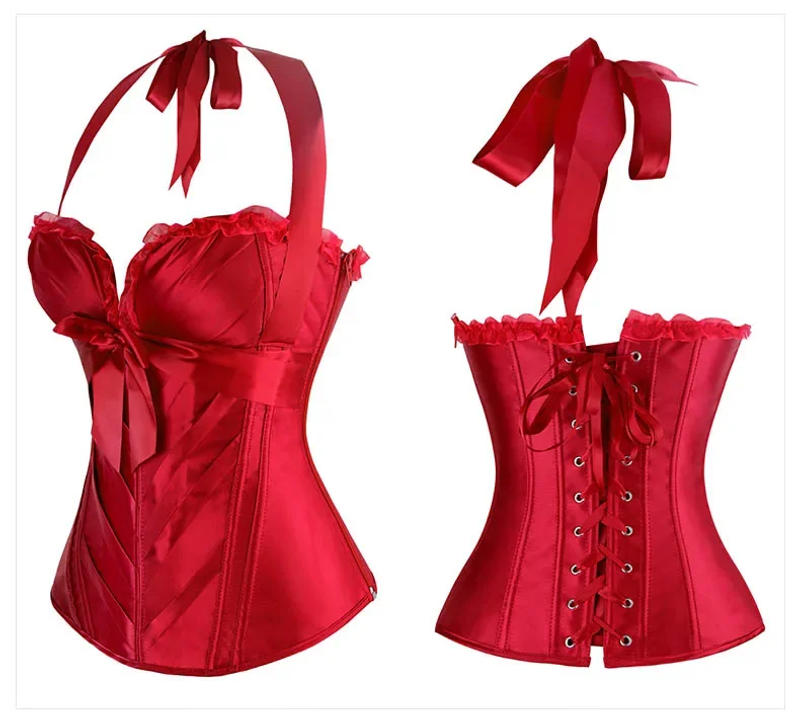 Description Picture 4 of itemWomen Vintage Victorian Corset with Halter Straps Satin Lace Bowknot Decorated Overbust Bustier Zipper Top Lace-up Korsett