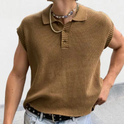 Spring Summer Mens Sleeveless Buttoned Turn-down Collar Knitted Vest Leisure Solid Color Tops Shirts Men's Fashion Clothing