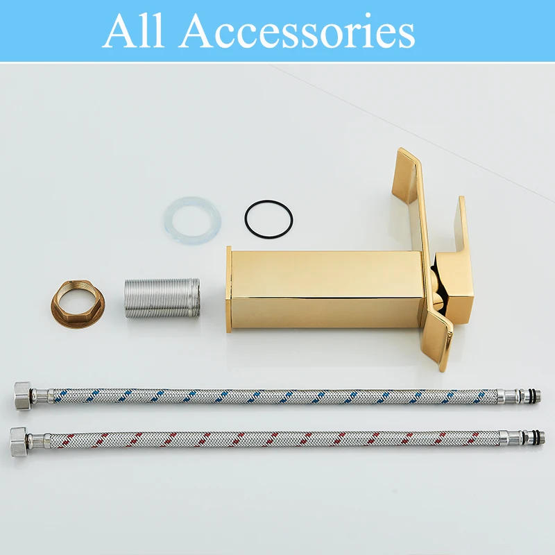 Description Picture 6 of itemQuality Gold Basin Faucet Brass Waterfall Faucet Bathroom Sink Faucets Hot and Cold Mixer Tap Single Handle Crane