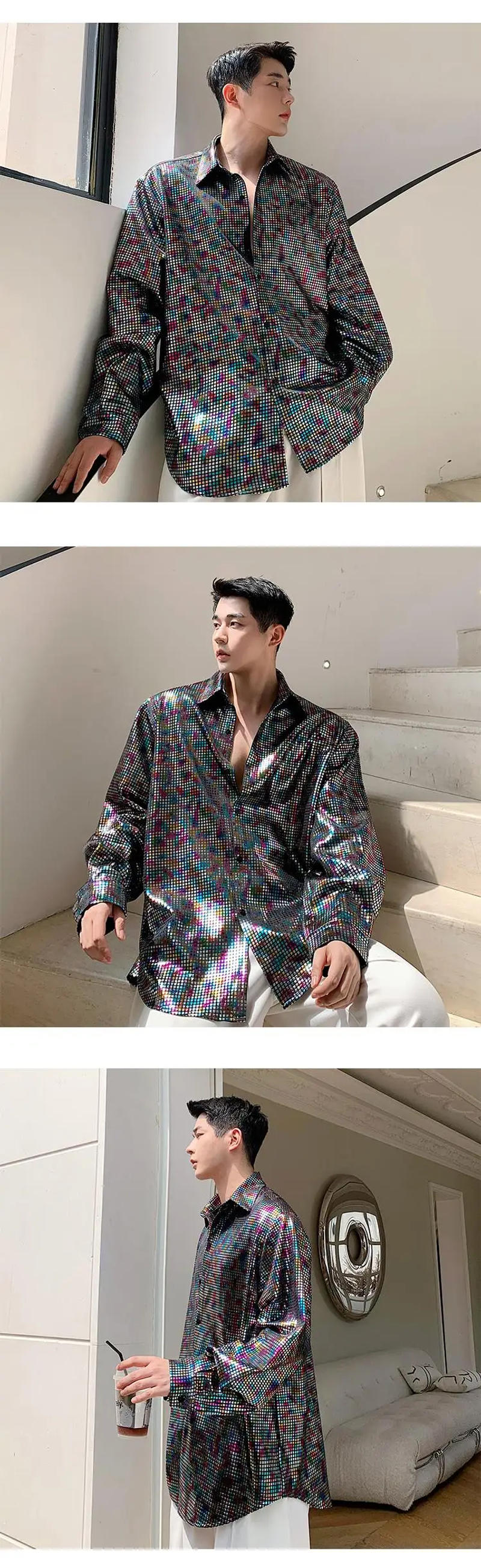 Description Picture 4 of itemSenior Bling Laser Reflect Men Blouse Sequined Night Club Singer Stage Shirts Handsome Party Streetwear Ins Vibe Disco Kpop Tops