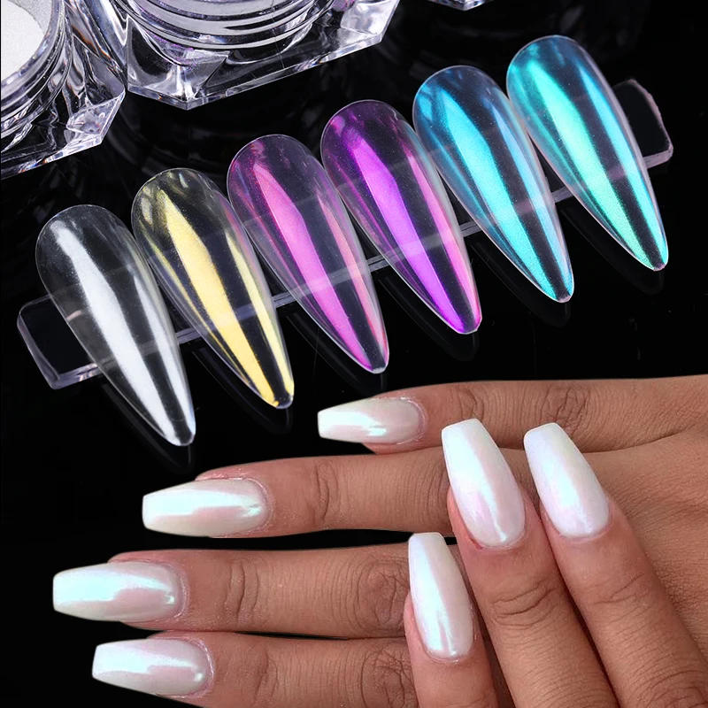 Description Picture 4 of itemWhite Chrome Shell Pearl Nail Powder Pigment Mirror Aurora Laser Silver Nail Glitter Dust Chrome Manicure Nail Art Decoration