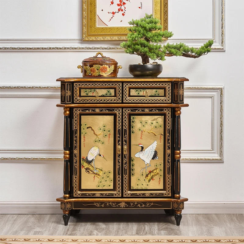Description Picture 4 of itemSolid Wood Entrance Cabinet Gold Foil Pine Crane Yannian Ming-Qing Period Painted Furniture Two Buckets Curio Cabinet