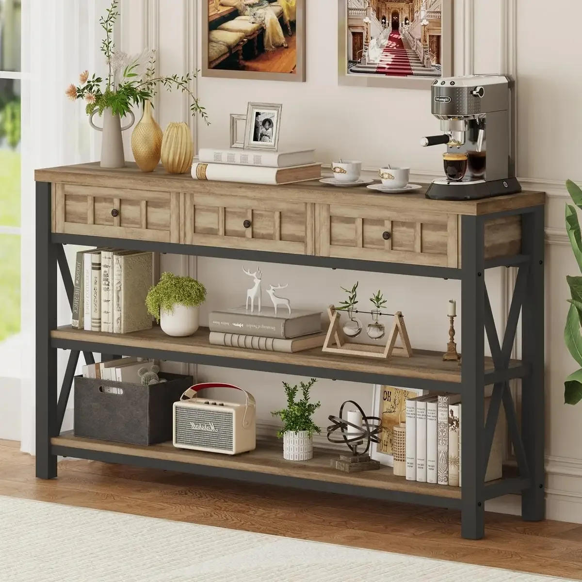 Description Picture 2 of itemIndustrial Console Table for Entryway Rustic Sofa Table with 3 Drawers for Living Room Farmhouse Hallway Couch Table