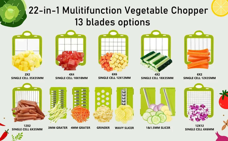 Description Picture 4 of item12/22 in 1 Multifunctional Vegetable Chopper Onion Grater Carrot Potato Shredder Fruit Slicer Garlic Chopper Kitchen Gadget Tool