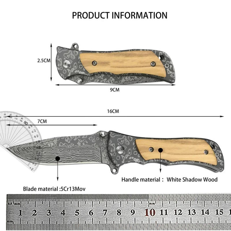 Description Picture 2 of itemBN 339 Folding Knife Damascus Coating Blade Stainless Steel + Wood Handle Flipper Outdoor Camping Hunting Knives Pocket EDC Tool