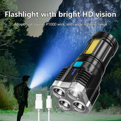 4LEDs High Power LED Flashlight Rechargeable Camping Spotlight with COB Side Light 4 Modes Torch Light for Night Walking Hiking