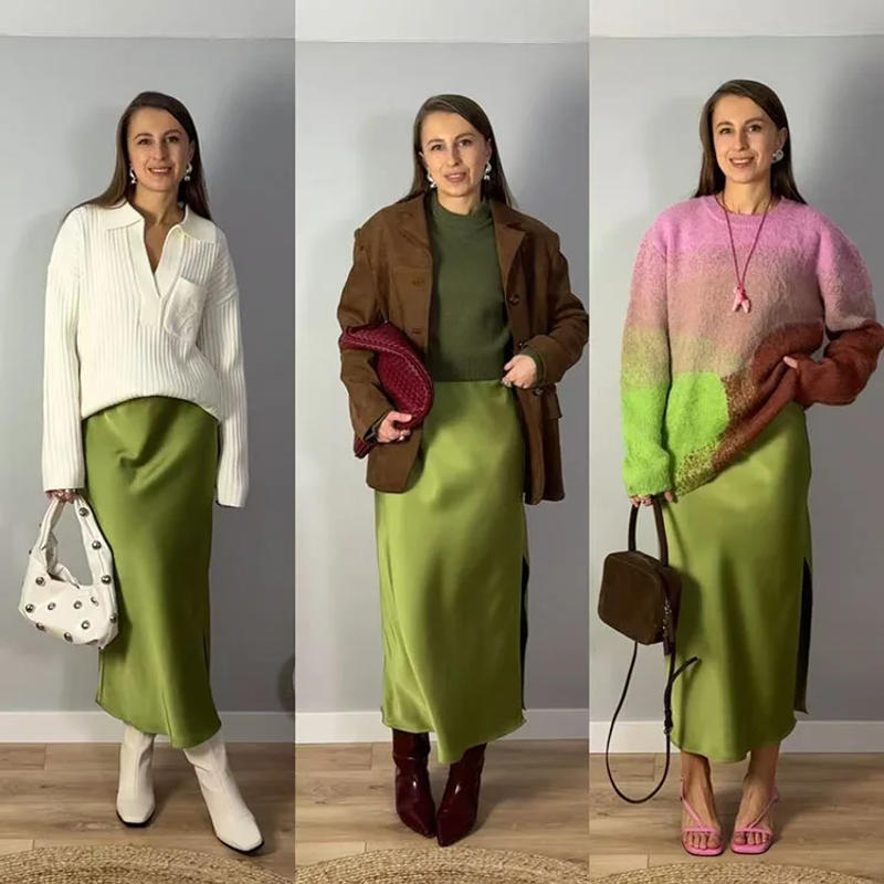 Description Picture 2 of itemMidi Satin Skirts Women Luxury Summer Black Formal Silk Office Skirt With Slit A Line Green Midi Skirt Burgundy Women Elegant