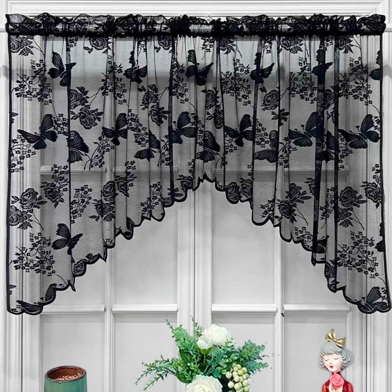 Description Picture 3 of itemCountry Embroidered Butterfly Short Valance Curtain for Kitchen Small Window Half Curtain Rod Pocket Top Roman Drapery
