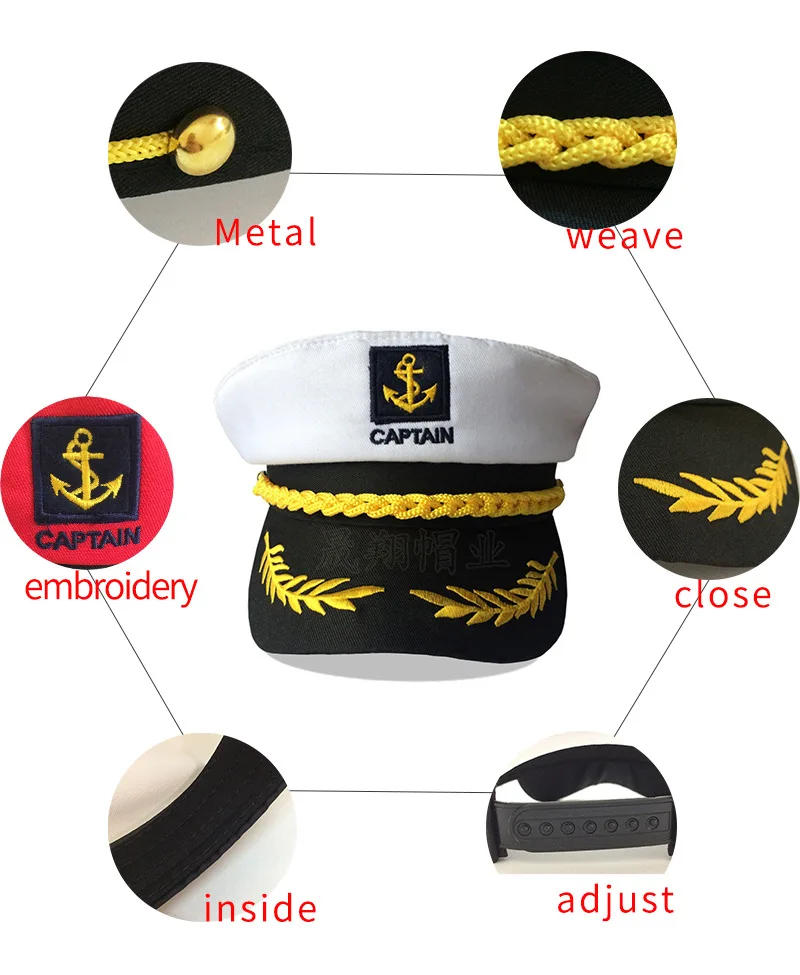Description Picture 3 of itemAdult Yacht Boat Ship Sailor Captain Costume Hat Navy Marine Admiral 3D Embroidered Captain Hat Party Decoration