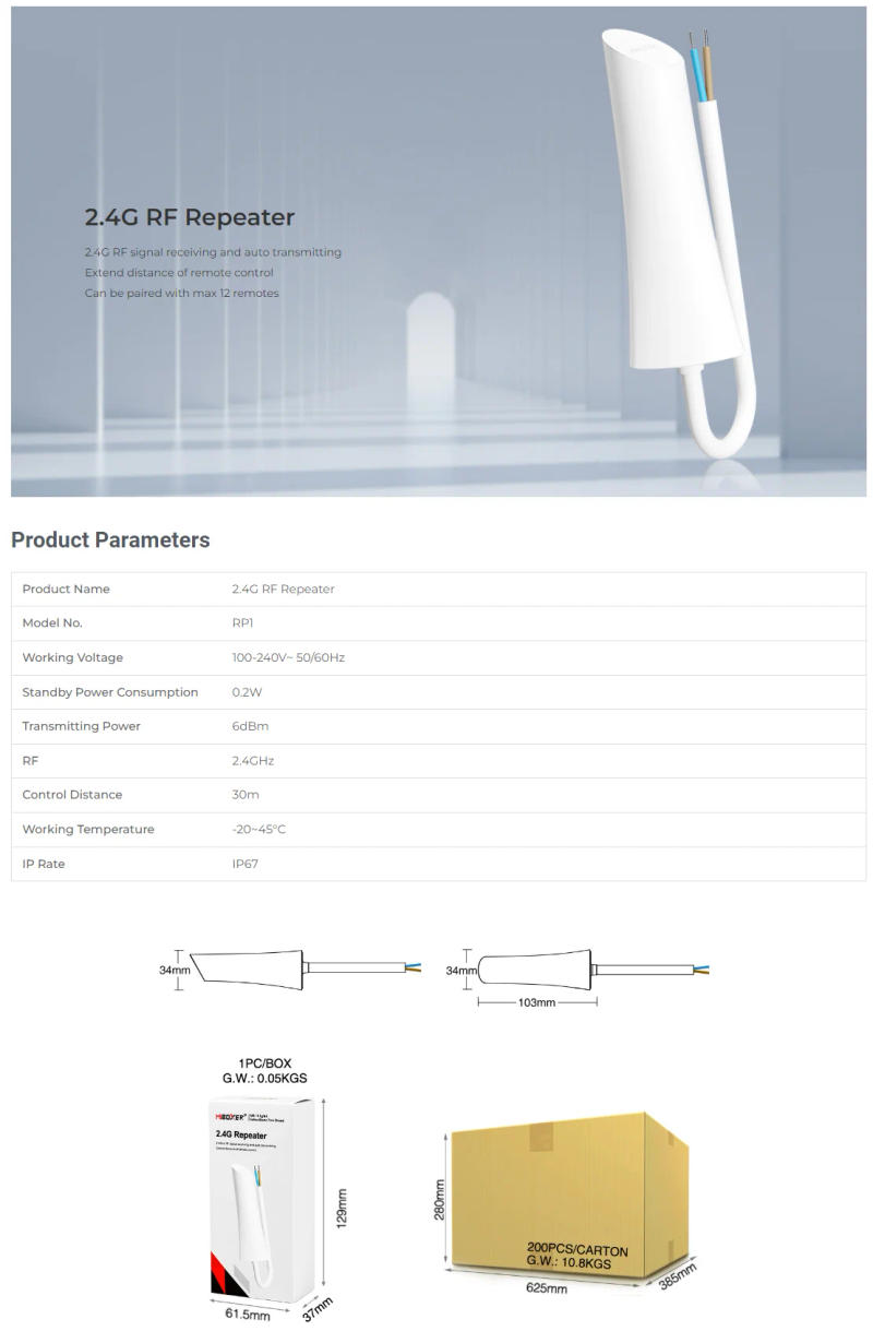 Description Picture 2 of itemMiboxer RP1 AC100V-240V 2.4GHz RF Repeater Waterproof IP67 Extend Control Distance Of Outdoor Lights Remote Signal Receiver