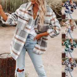 2023 AutumnWinter European and American Women's Wear Autumn/Winter Long Sleeve Polo Collar Loose Plaid Thickened Woolen Coat