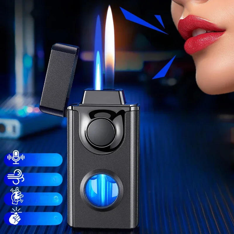 Description Picture 2 of itemIntelligent Voice Controlled Dual Fire Butane Gas Lighter 4 Ignition Modes Blue Light Visible Gas Window USB Electric Lighters