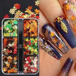 6 Grids Orange Maple Leaves Nail Glitter Sequins Mixed Shiny Fallen Leaf Flakes DIY Autumn Nail Art Decoration Accessories Tool