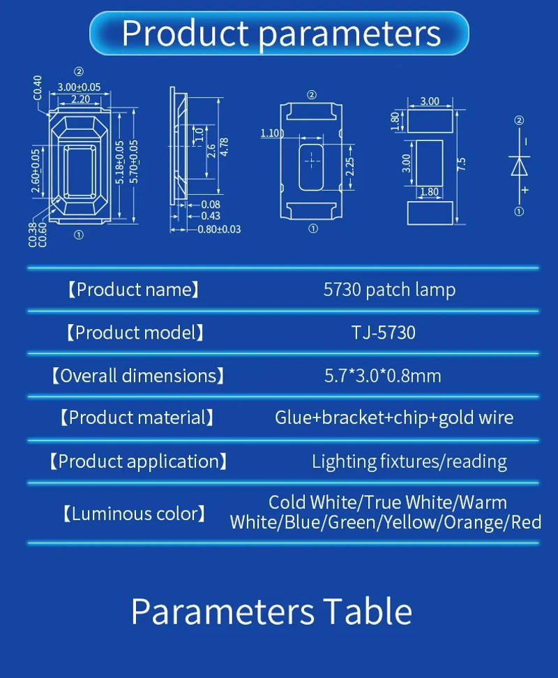 Description Picture 4 of item100pc Super Bright SMD 5730 0.5W LEDs, 6000K/6500K, 150mA, PCB SMT, Replaces SMD 5630 for Enhanced Brightness