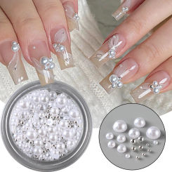 1Box Luxury Nail Figures Charm Different Size Pearl Steel Ball Cute Mother-of-pearl Jewelry Art Decorations Manicure Accessories