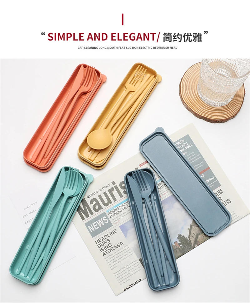 Description Picture 4 of itemCutlery Tableware Spoon Fork Chopsticks Safe Wheat Straw Dinnerware With Box Portable Travel Use Kitchen Accessories 4PCS/Set