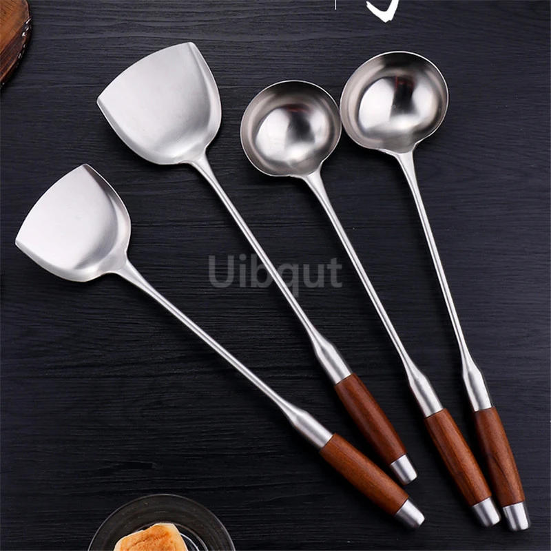 Description Picture 4 of itemLong Handle Soup Ladle Spoon Turner Stainless Steel Rosewood Spatula Sauces Spoon Kitchen Cooking Utensils Tool wood wok spatula