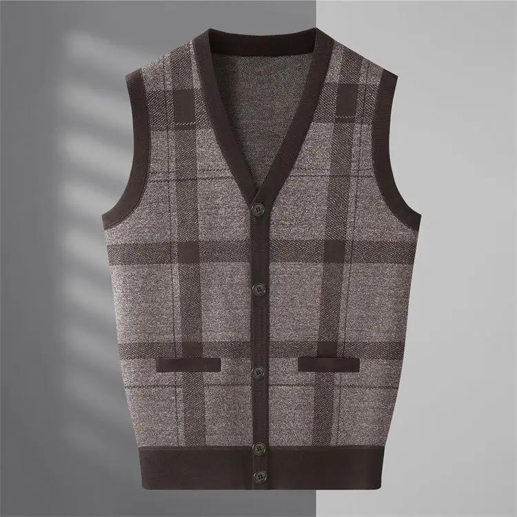 Description Picture 6 of itemTop Grade Wool Men Sweater Vest 2023 New Autumn and Winter Warm Fashion V-Neck Smart Casual Classic Knitted Plaid Vest A69