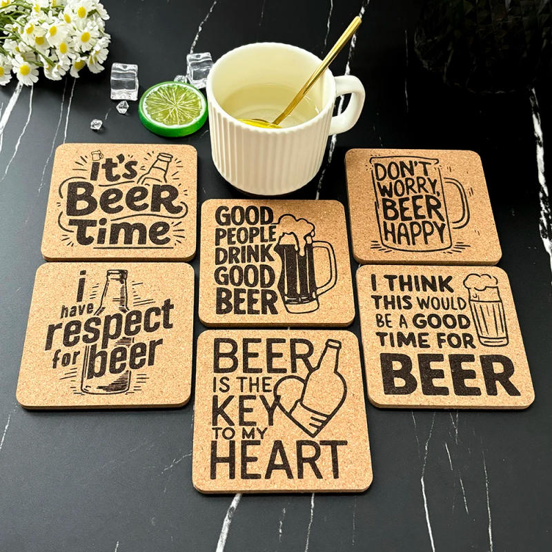 Description Picture 6 of item6pcs/Set Square Cork Coaster Engraved Beer Design Pattern Tea Coffee Mug Drinks Holder for Kitchen Natural Wooden Mat Tableware