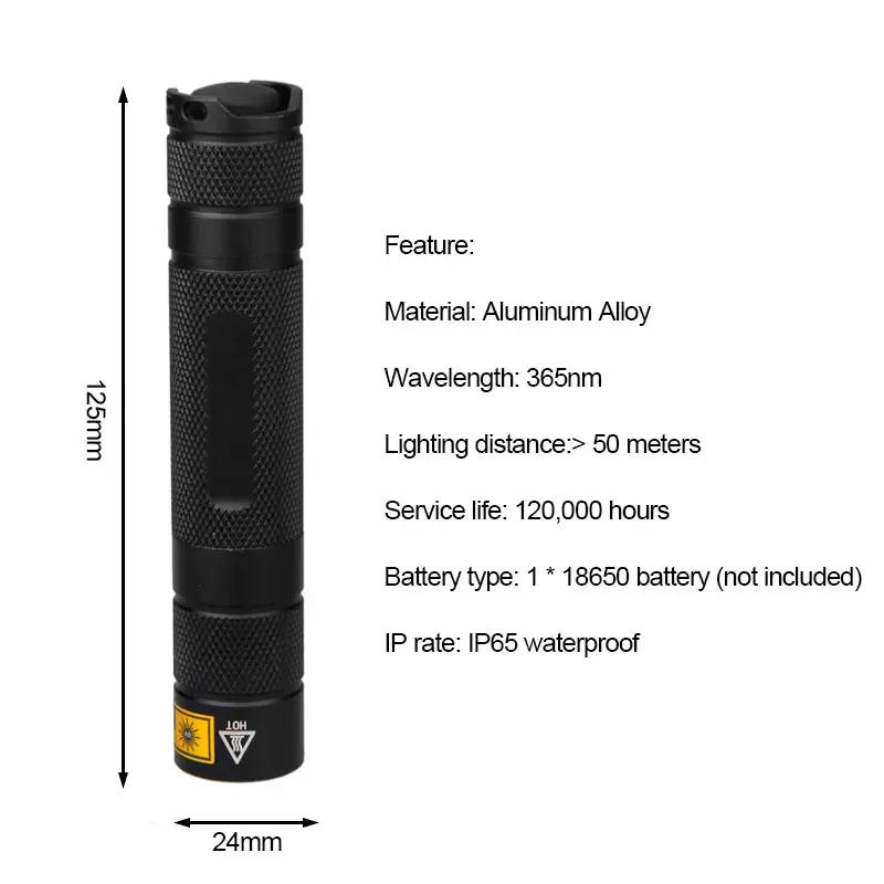 Description Picture 2 of itemUV Flashlight LED 365nm Rechargeable Ultra Violet Ultraviolet Invisible Torch for Pets Stain Hunting Marker Use 18650 battery