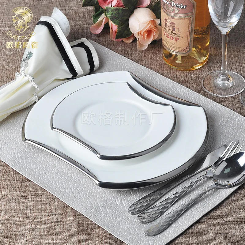 Description Picture 2 of itemCreative Gilded Porcelain Tableware Fine Steak Barbecue Plates & Bowls Hotel Restaurant Cooking Dishes Kitchen Utensils Set New