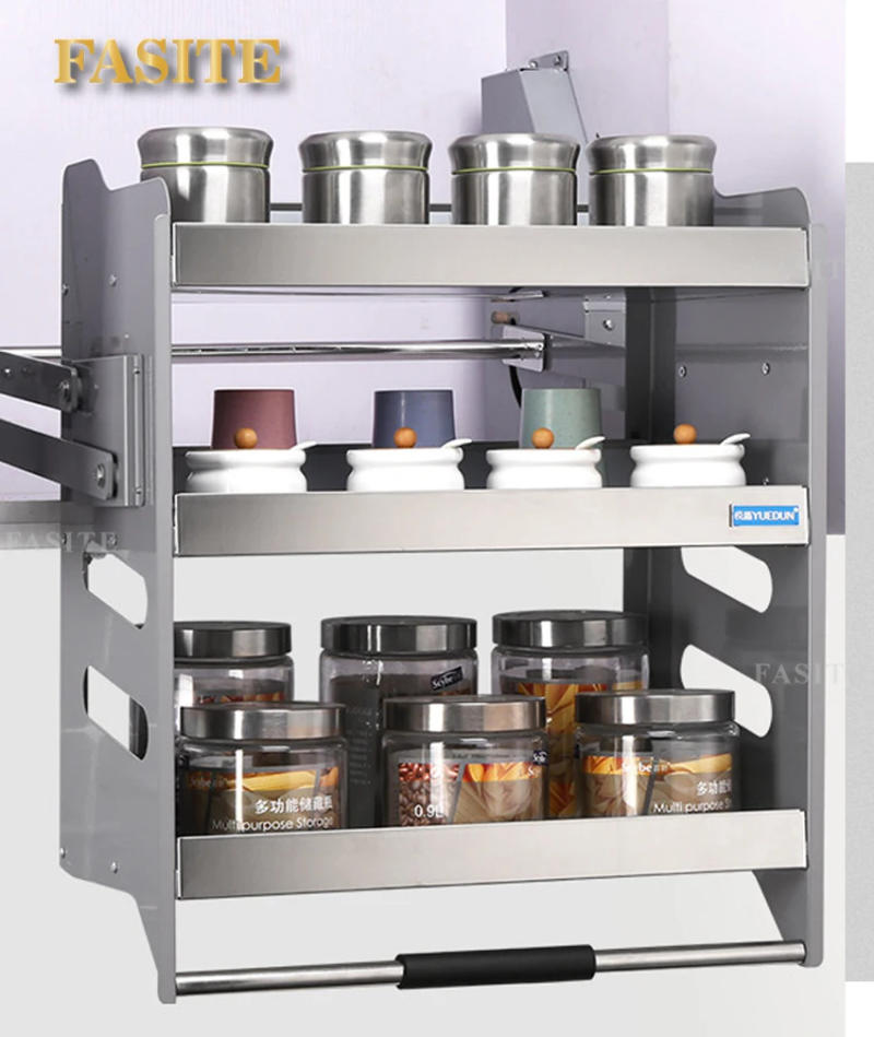Description Picture 3 of item3 layers Wall Cabinet Lift Pull Basket Kitchen Cabinet Stainless Steel Drawer Baskets Seasoning Bottle Storage Racks