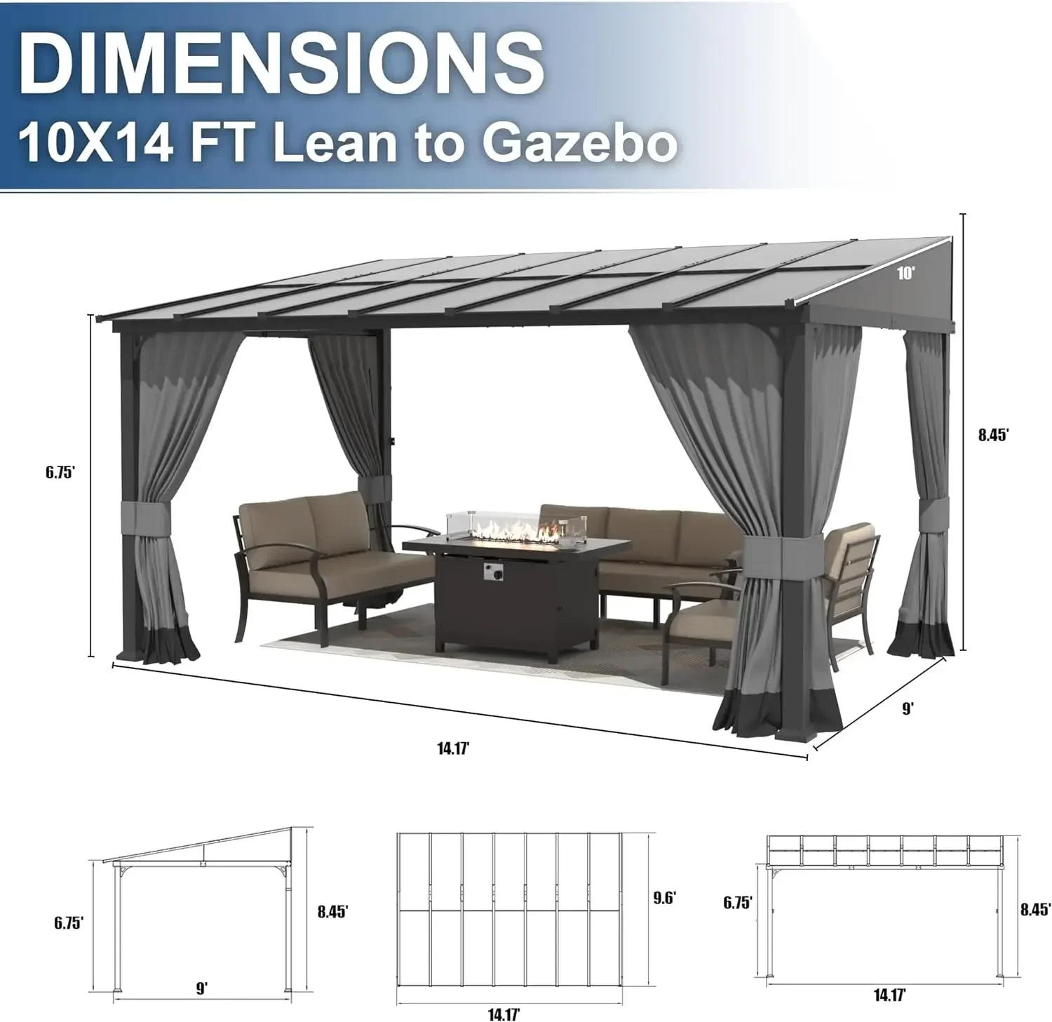 Description Picture 6 of item10 x 14 FT Outdoor Gazebo, Hardtop Wall Mounted Gazebos with Sloping Sun Panel Roof, Double Curtains, Gazebo